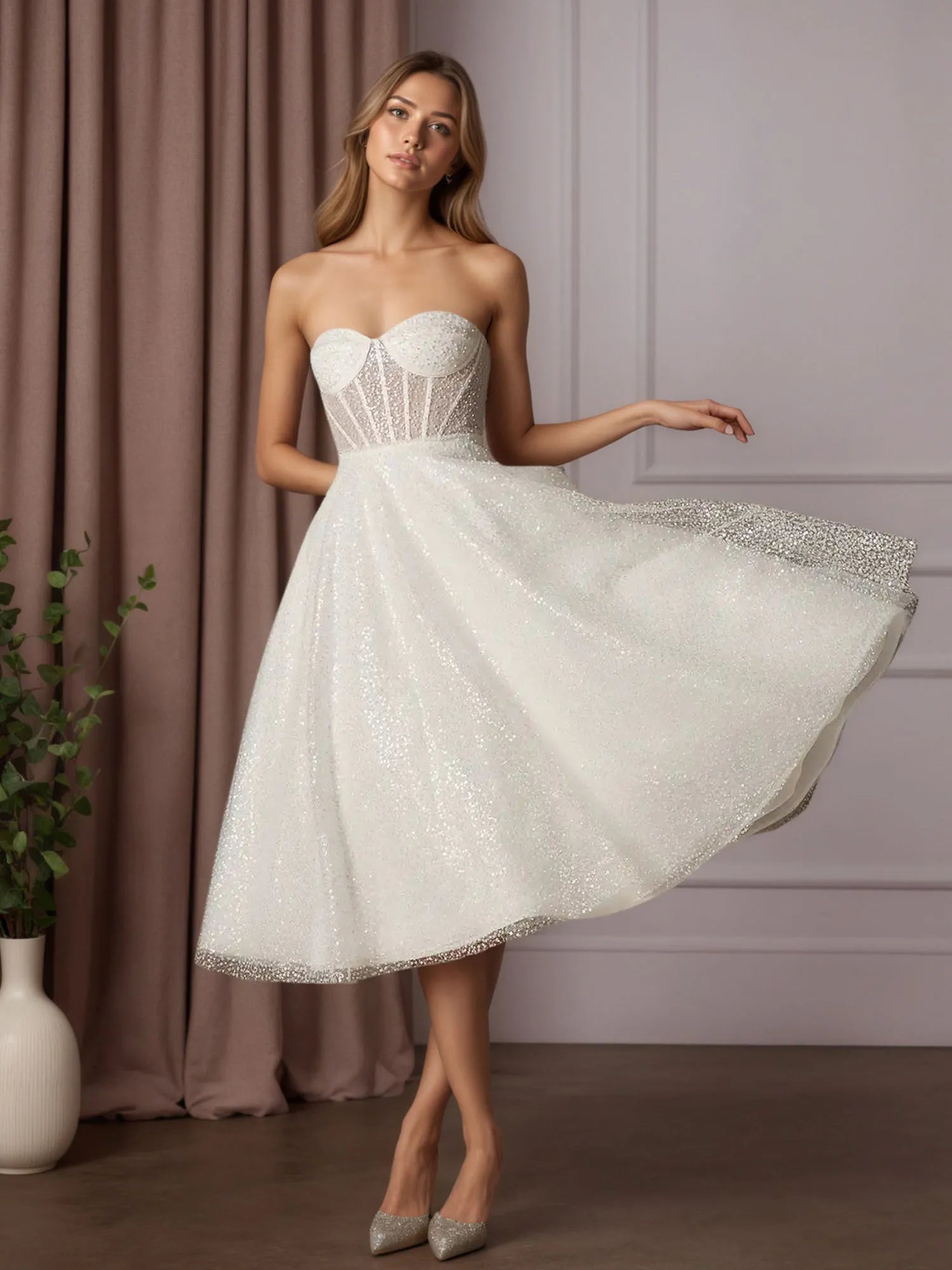 White A-Line Strapless Beading Wedding Dress
