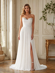 Pure White Strapless Beaded Sweetheart Pleated Wedding Dress