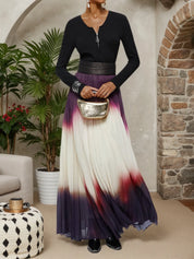 Women Ombre Black Long Sleeve A-line Pleated Two-Piece Set