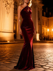 Burgundy Mermaid One Shoulder Maxi Velvet Holiday Party Dress with Keyhole