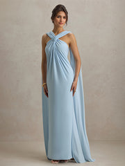 Formal Party Halter Neckline Floor Lenght Sleeveless Blue Dress