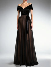 Evening Formal Dress Black A-Line Off the Shoulder Velvet Maxi Dress