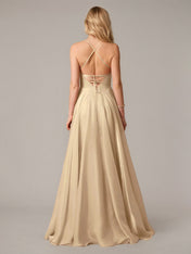 Champagne A Line Spaghetti Straps Sleeveless Floor Length Dress