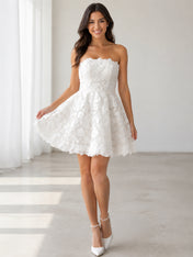 Elegant Strapless White Floral Lace Short Cocktail Wedding Dress