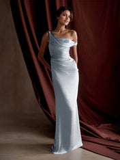 Formal Party Satin Dress Blue One-Shoulder Pleated Asymmetrical neckline Floor Lenght Dress