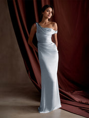 Formal Party Satin Dress Blue One-Shoulder Pleated Asymmetrical neckline Floor Lenght Dress