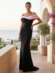Black Off the Shoulder Mermaid Satin Evening Dresses with Train