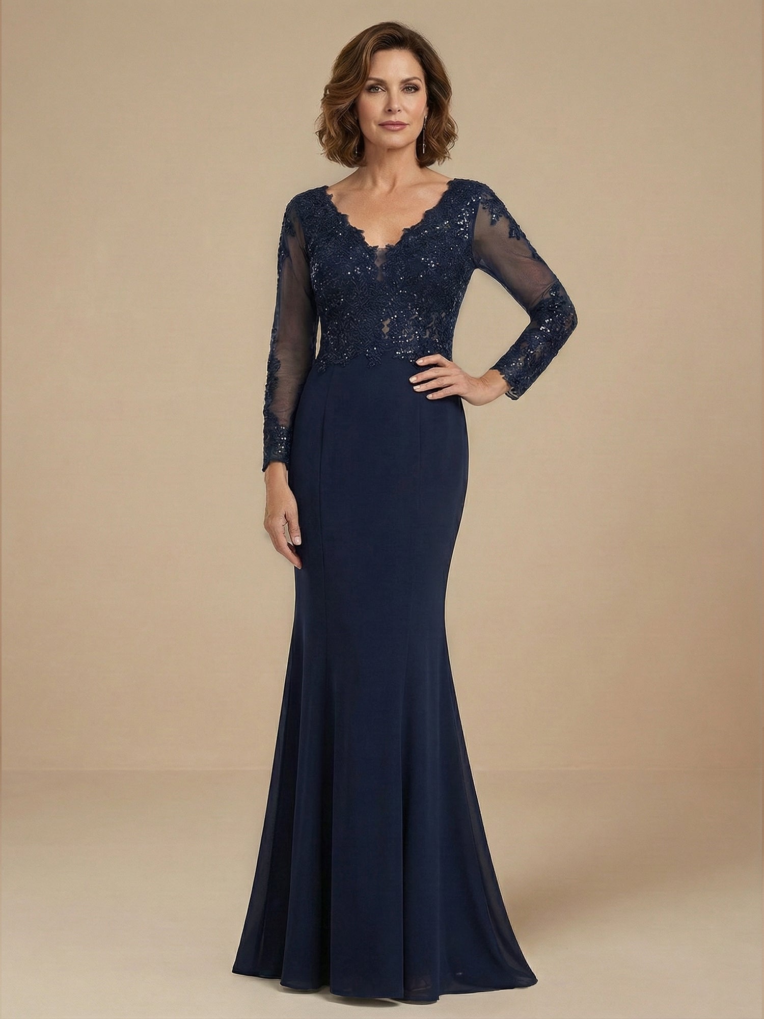 Long Sleeves V Neck Mermaid Sparky Sequins Mother of the Brides Dress for Women