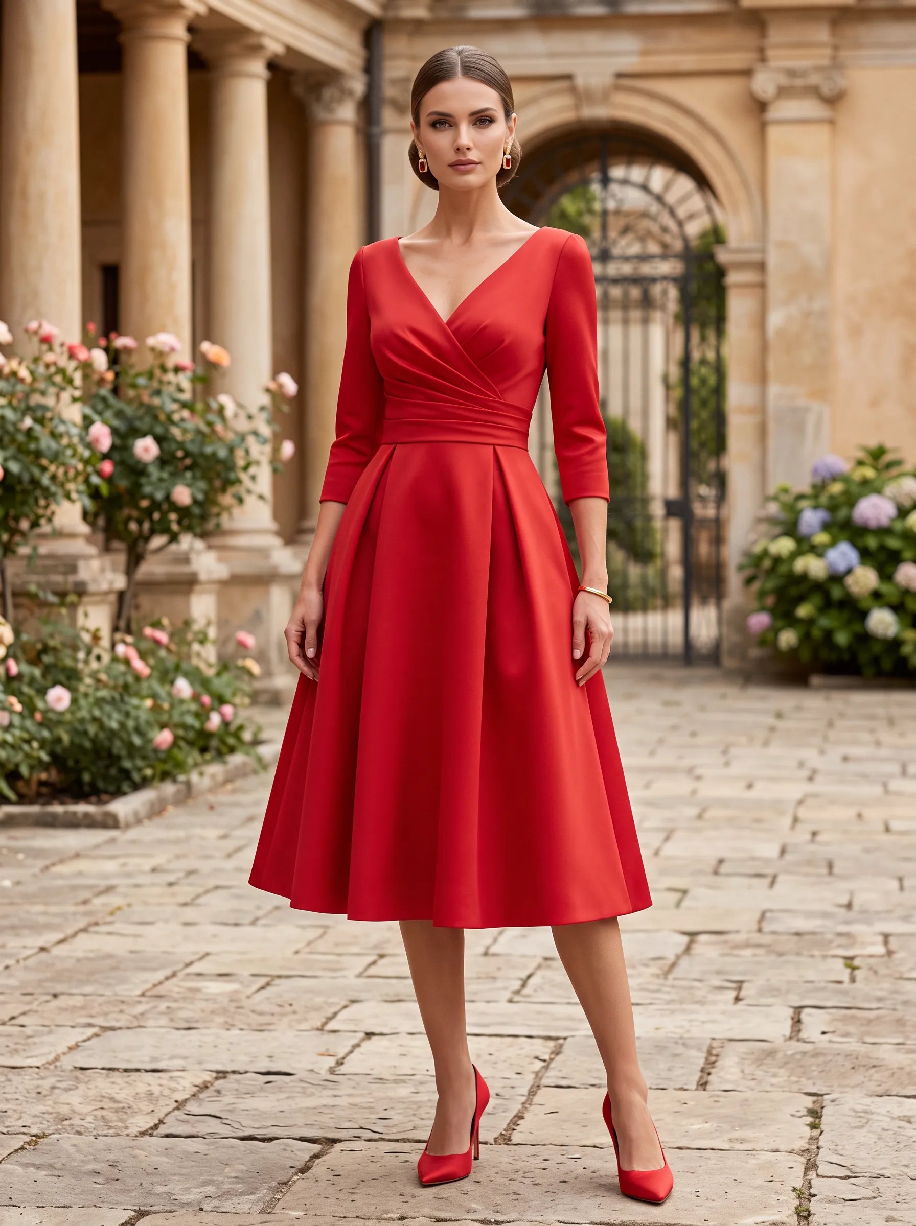 V-Neck Pleated 3D-Wrap Bodice Midi A-Line Cocktail Dress with Three-Quarter Sleeves