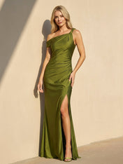 One Shoulder Satin Maxi Dresses Mermaid Formal Dress with Slit