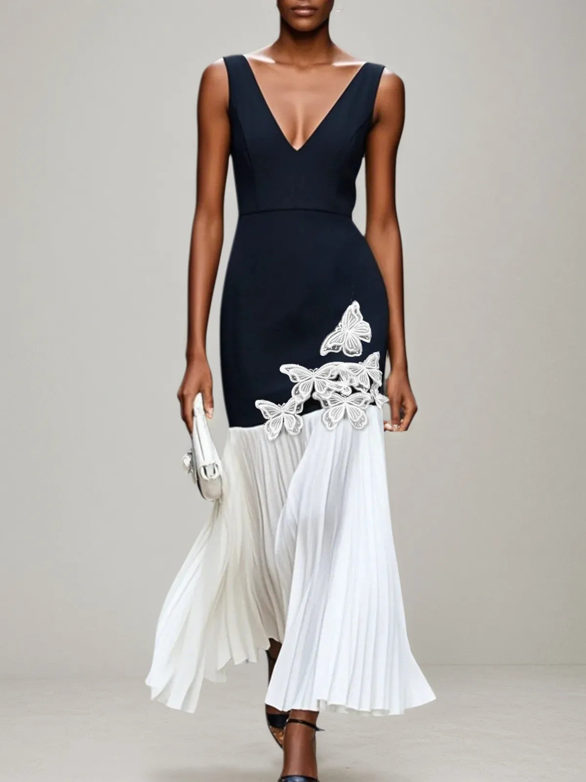 Black Pleated 3D Floral Classic V Neck Sleeveless Mermaid Maxi Dress