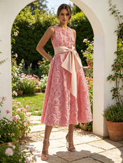 Pink 3D Floral Bow Crew Neck A-Line Midi Dress