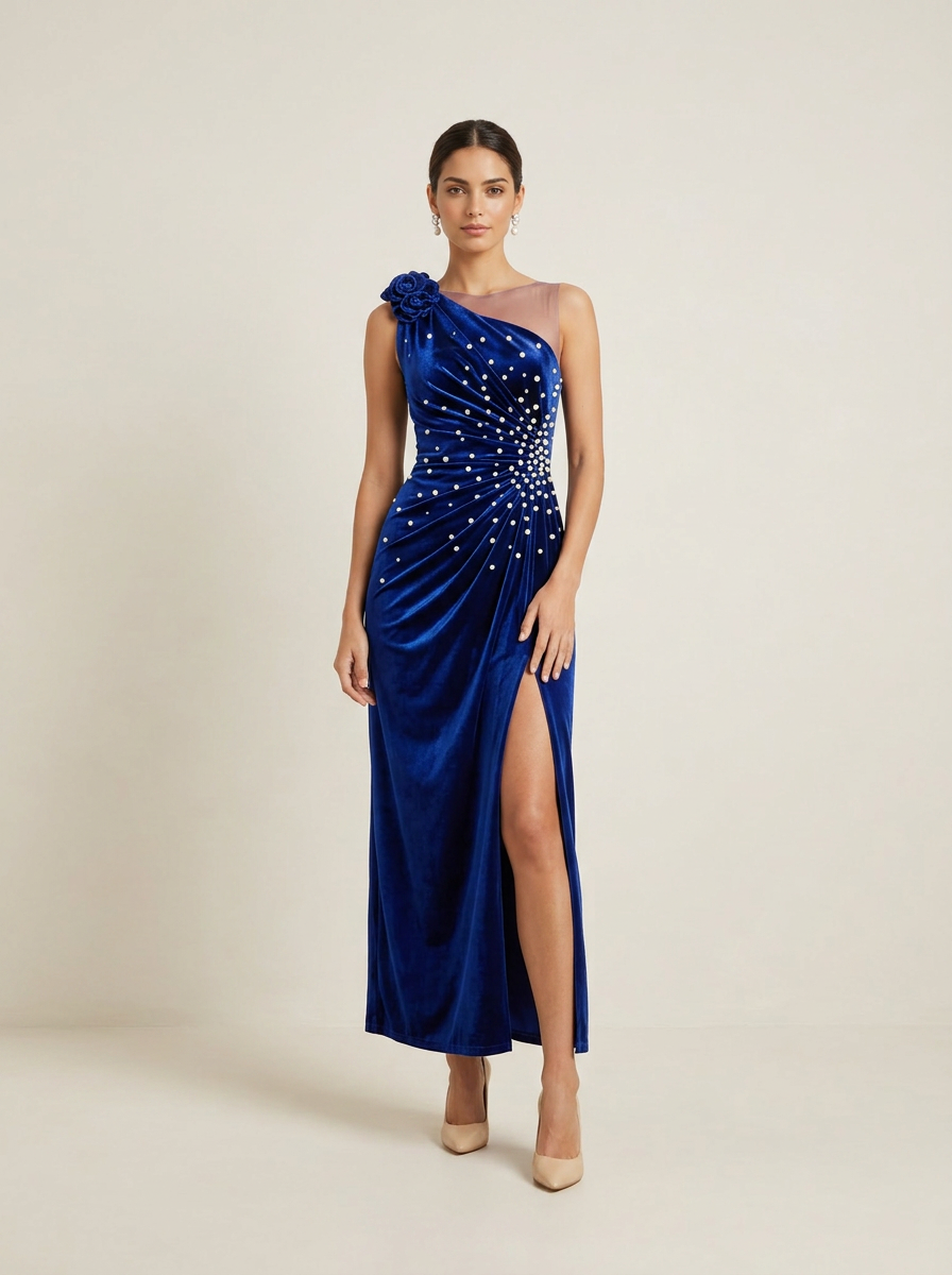 Pearl Velvet One-Shoulder High-Slit Floor-Length Evening Dresses with 3D Rose