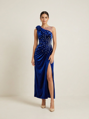 Pearl Velvet One-Shoulder High-Slit Floor-Length Evening Dresses with 3D Rose
