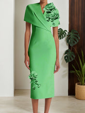 Green 3D Floral Classic V Neck Short Sleeve Sheath Midi Dress