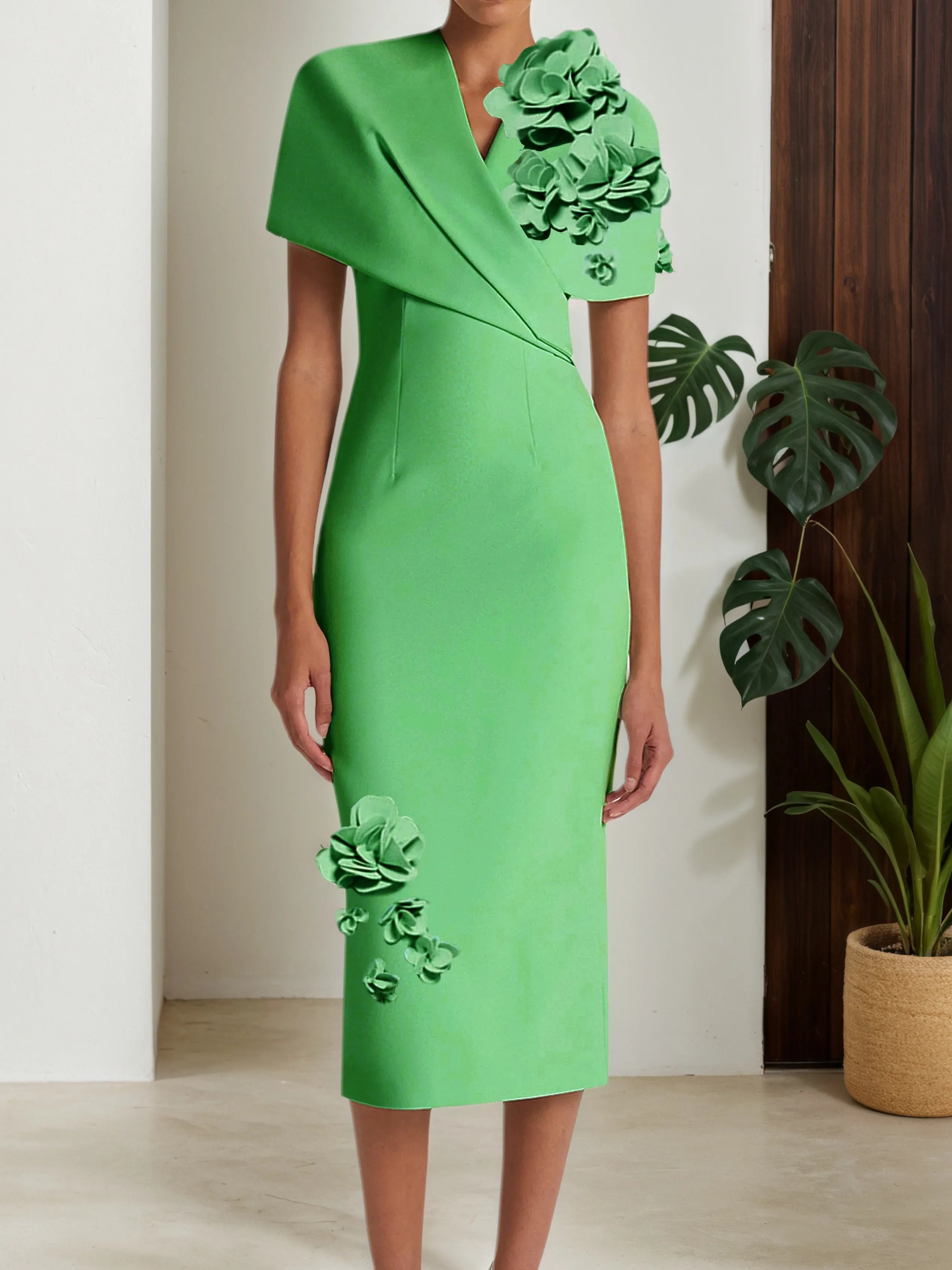 Green 3D Floral Classic V Neck Short Sleeve Sheath Midi Dress