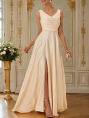 Champagne Ruched Slit Satin V Neck Sleeveless A-Line Maxi Bridesmaid Dress