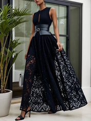 Black Lace Hollow Out Crew Neck Sleeveless A-Line Maxi Dress