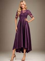 A-line Scoop Illusion Asymmetrical Stretch Satin Lace Mother of the Bride Dress With Sequins