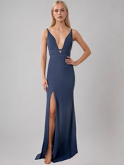 Sheath/Column Stretch Crepe V Neck Sleeveless Floor Length Dress