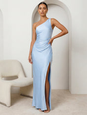 Light Blue One Shoulder Mermaid Long Maxi Dress with Slit