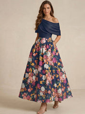 A-line Short Sleeves Pleated Ankle-Length Print Flower Mother of the Bride Dress