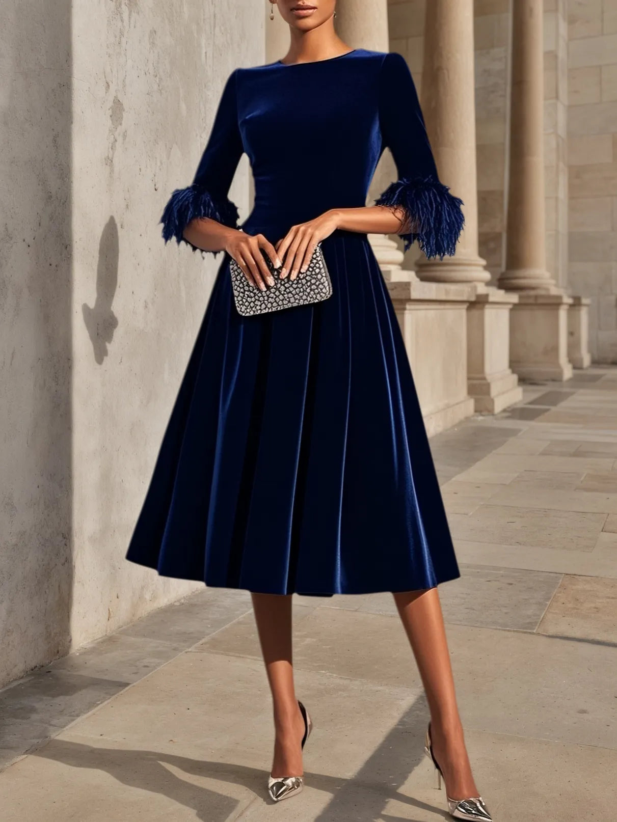 Purplish blue Feather-trimmed Velvet Crew Neck Half Sleeve A-Line Midi Dress