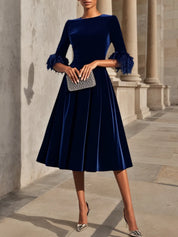 Purplish blue Feather-trimmed Velvet Crew Neck Half Sleeve A-Line Midi Dress