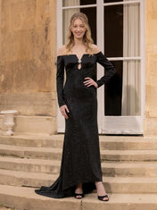 Black Off-the-Shoulder Long-Sleeve Glitter Evening Dress with Keyhole Brooch