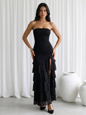 Black Strapless Chiffon Tiered Maxi Dress with Slit