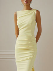 Yellow Round Neck Sleeveless Asymmetrical Length Chiffon Dress With Ruffles