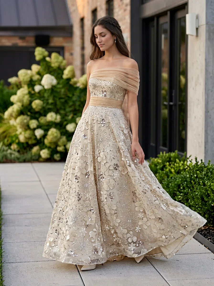 Off-the-Shoulder Draped Tulle Floral Applique Champagne Ball Gown Evening Dress