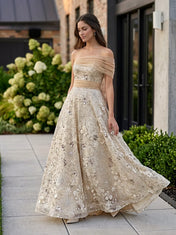 Off-the-Shoulder Draped Tulle Floral Applique Champagne Ball Gown Evening Dress