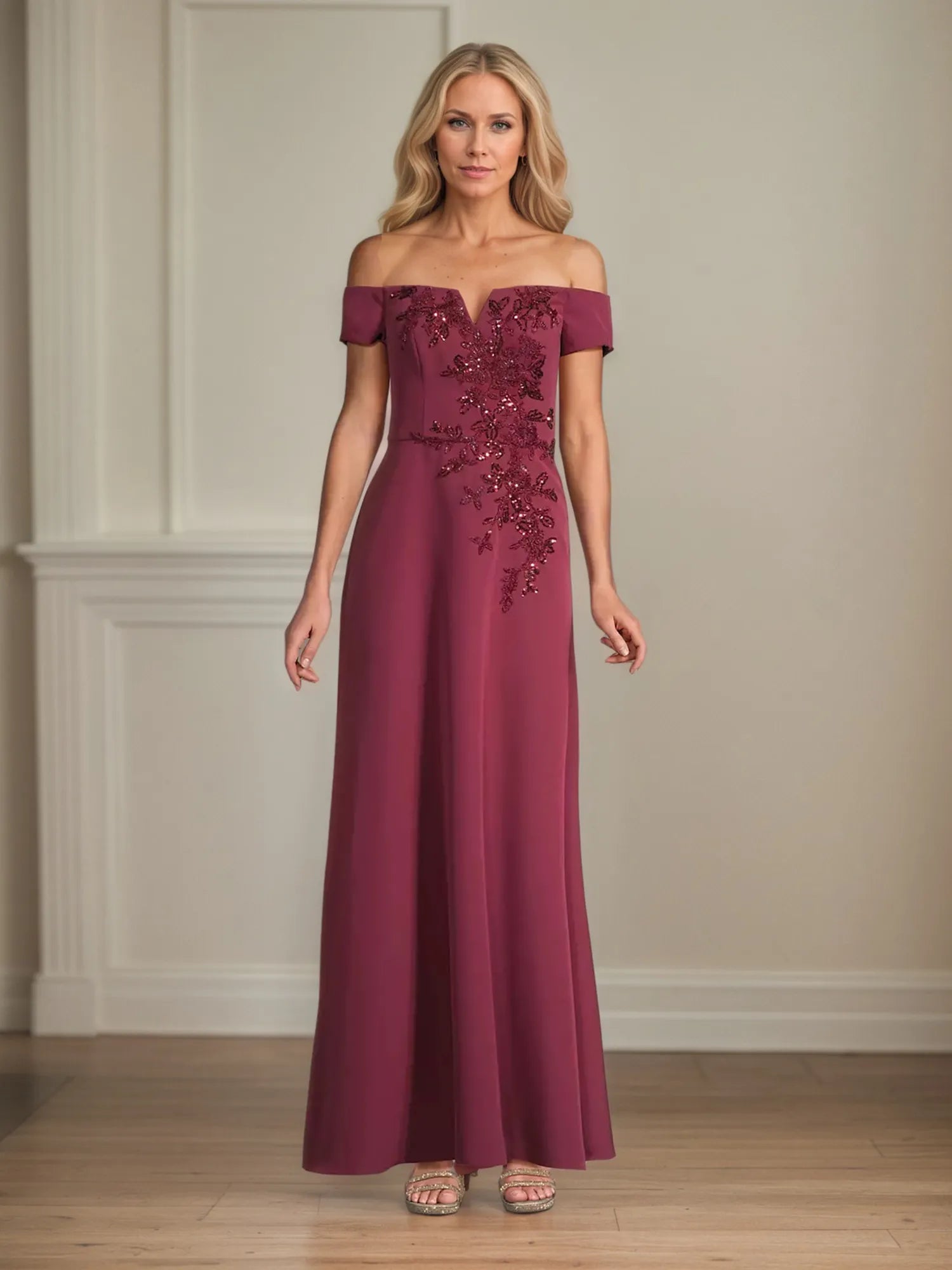 A Line Chiffon Off The Shoulder Appliques Floor Length Mother of the Bride Dress