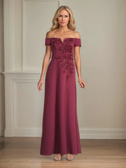 A Line Chiffon Off The Shoulder Appliques Floor Length Mother of the Bride Dress