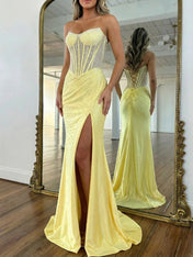 Red Mermaid Strapless Corset Beaded Prom Dress with Slit