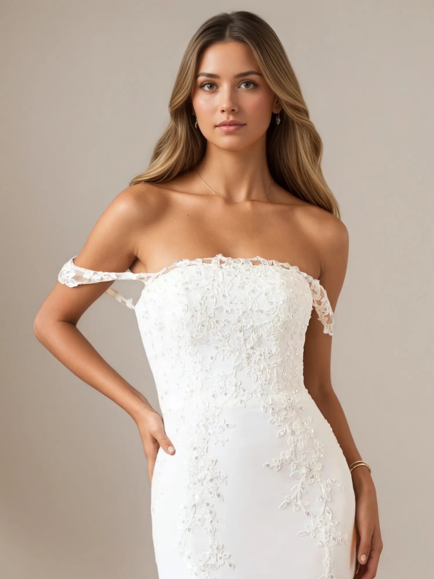 White Mermaid Sequins Off The Shoulder Stretch Crepe Wedding Dress