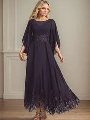 Robe de mère de la mariée trapèze en mousseline de soie et dentelle, longueur cheville, décolleté en V, illusion, avec paillettes 