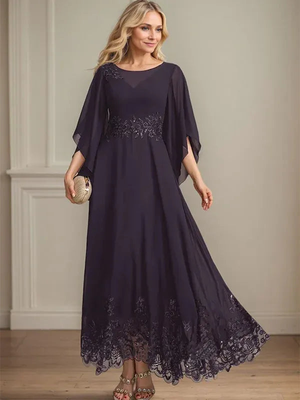 Robe de mère de la mariée trapèze en mousseline de soie et dentelle, longueur cheville, décolleté en V, illusion, avec paillettes 