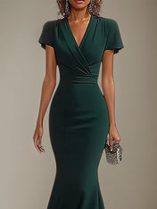 Dark Green Stretch Crepe V Neck Flutter Sleeves Floor Length Mermaid Formal Dress