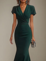 Dark Green Stretch Crepe V Neck Flutter Sleeves Floor Length Mermaid Formal Dress