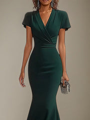 Dark Green Stretch Crepe V Neck Flutter Sleeves Floor Length Mermaid Formal Dress