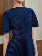 Dark Blue Satin Pleated Boat Neck A-Line Midi Dress