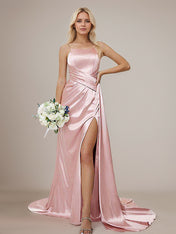 Dusty Rose Sheath/Column Satin Ruched Spaghetti Straps Sleeveless Floor Length Bridesmaid Dresses