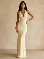 Yellow Halter Neck Maxi Dresses with Pleat Mermaid Evening Dress