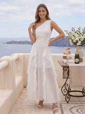 One-Shoulder Ruched Chiffon A-Line Evening Gown with Cascading Ruffles