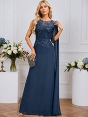 A-line Scoop Neck Floor-Length Chiffon Evening Dress With Sequins Appliques