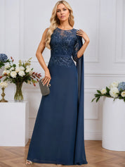 A-line Scoop Neck Floor-Length Chiffon Evening Dress With Sequins Appliques