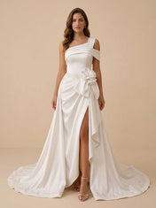 One-Shoulder Draped Satin A-Line Wedding Dress with High Slit and Rosette