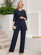 Jumpsuit/Pantsuit Separates Scoop Floor-Length Chiffon Lace Mother of the Bride Dress With Sequins